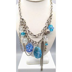Vintage Blue Bib Necklace, Silver Tone Double Strand Chain with Crystal Stone